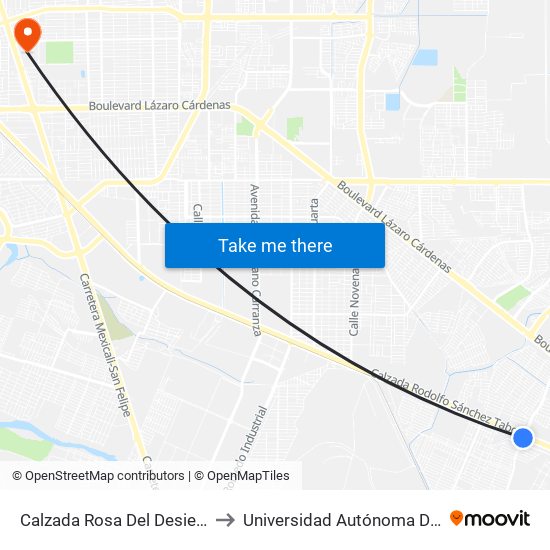 Calzada Rosa Del Desierto / Boulevard Sánchez Taboada to Universidad Autónoma De Baja California - Campus Mexicali map