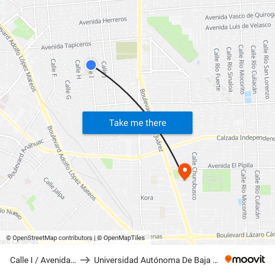 Calle I / Avenida Madereros Sur to Universidad Autónoma De Baja California - Campus Mexicali map