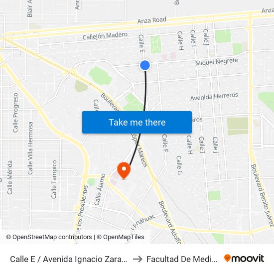 Calle E / Avenida Ignacio Zaragoza to Facultad De Medicina map