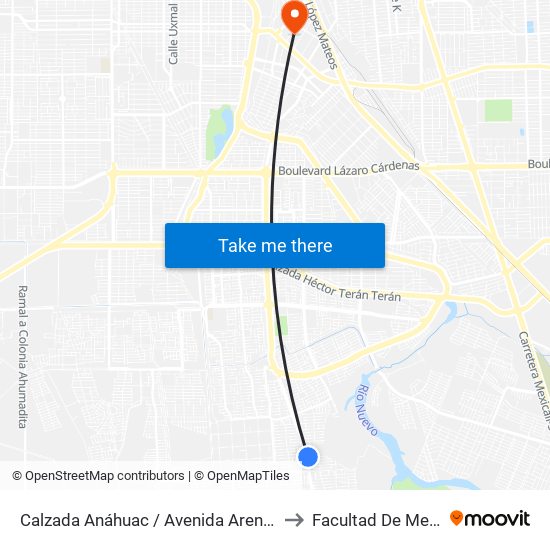 Calzada Anáhuac / Avenida Arenas Del Rey to Facultad De Medicina map