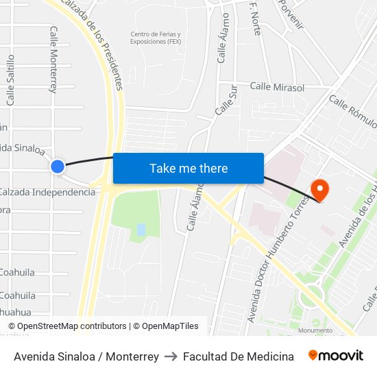 Avenida Sinaloa / Monterrey to Facultad De Medicina map