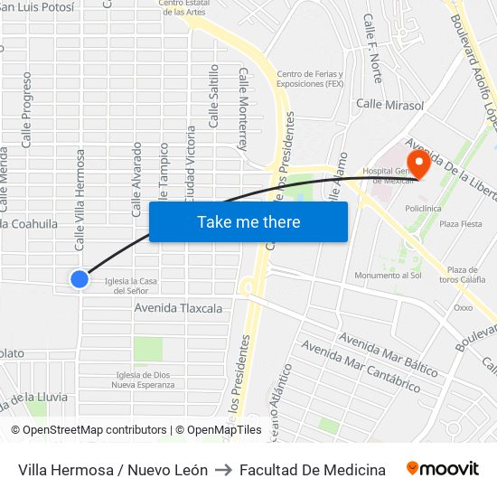 Villa Hermosa / Nuevo León to Facultad De Medicina map