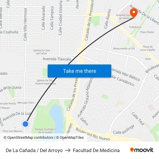 De La Cañada / Del Arroyo to Facultad De Medicina map