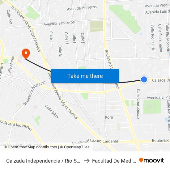 Calzada Independencia / Río Sonora to Facultad De Medicina map