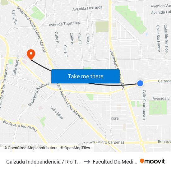 Calzada Independencia / Río Tijuana to Facultad De Medicina map