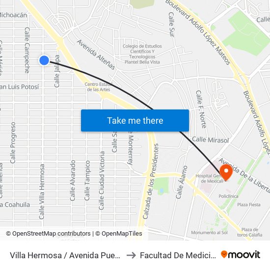 Villa Hermosa / Avenida Puebla to Facultad De Medicina map