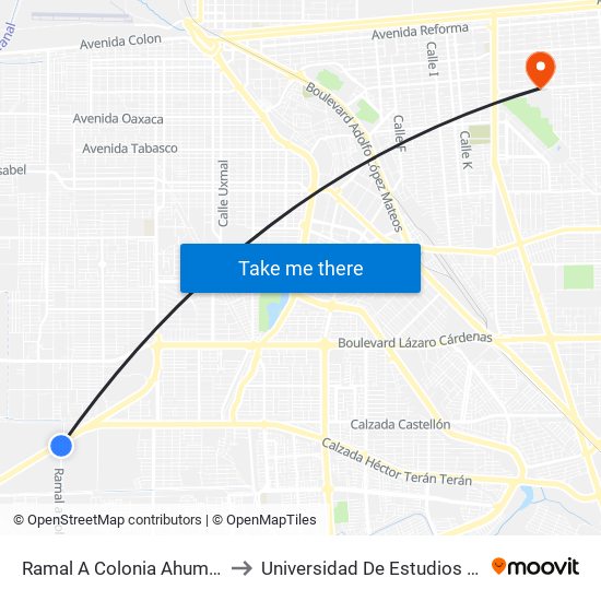 Ramal A Colonia Ahumadita / Calzada Esteban Cantú to Universidad De Estudios Avanzados Campus Cuauhtemoc map