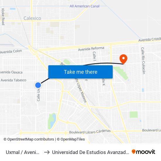 Uxmal / Avenida Zacatecas to Universidad De Estudios Avanzados Campus Cuauhtemoc map