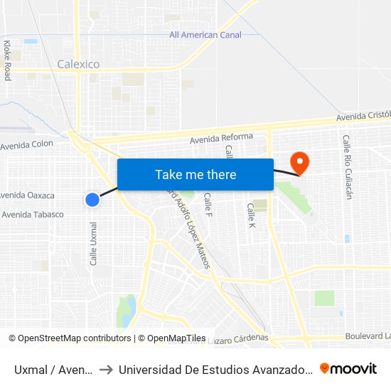 Uxmal / Avenida Puebla to Universidad De Estudios Avanzados Campus Cuauhtemoc map