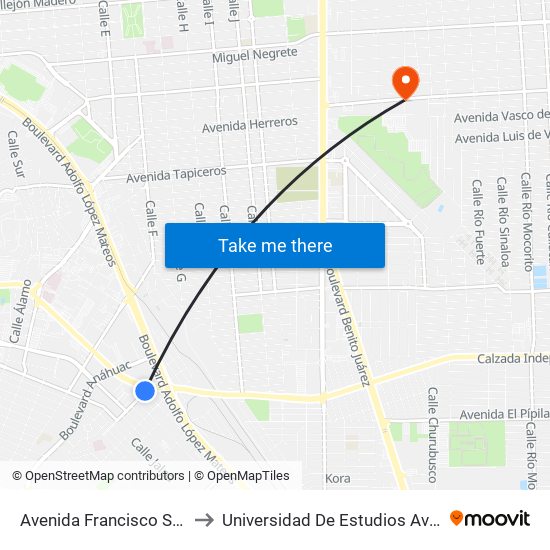 Avenida Francisco Sarabia / Apóstol Central to Universidad De Estudios Avanzados Campus Cuauhtemoc map