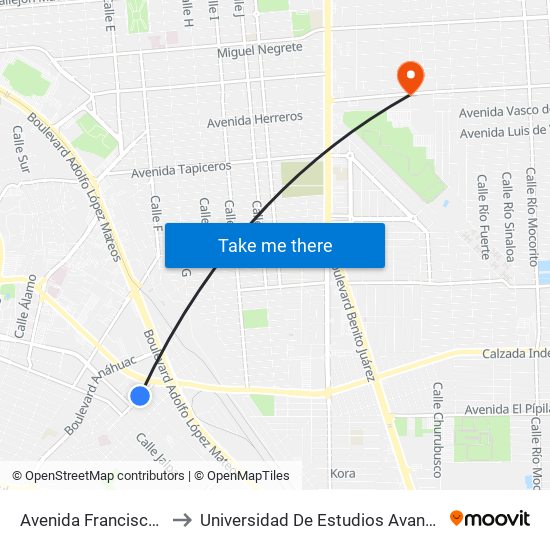 Avenida Francisco Sarabia / Calera to Universidad De Estudios Avanzados Campus Cuauhtemoc map