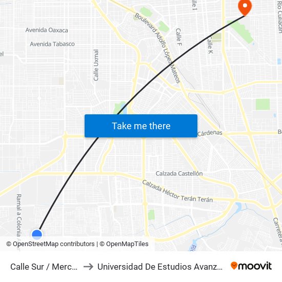 Calle Sur / Mercedes Placencia to Universidad De Estudios Avanzados Campus Cuauhtemoc map