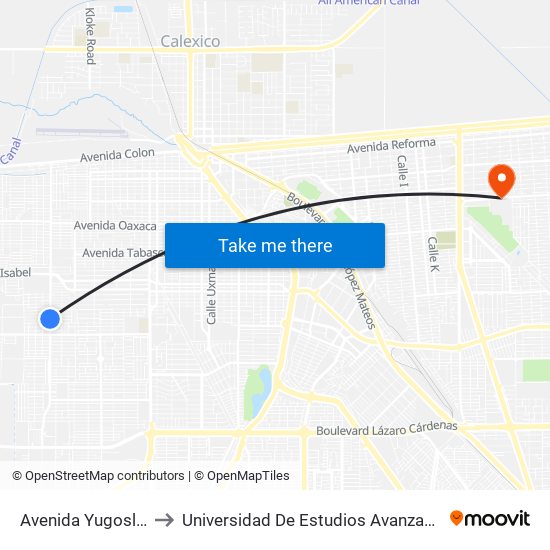Avenida Yugoslavia / Angola to Universidad De Estudios Avanzados Campus Cuauhtemoc map