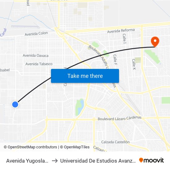 Avenida Yugoslavia / Psicólogos to Universidad De Estudios Avanzados Campus Cuauhtemoc map