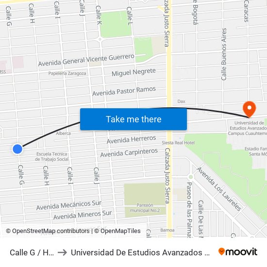 Calle G / Herreros to Universidad De Estudios Avanzados Campus Cuauhtemoc map