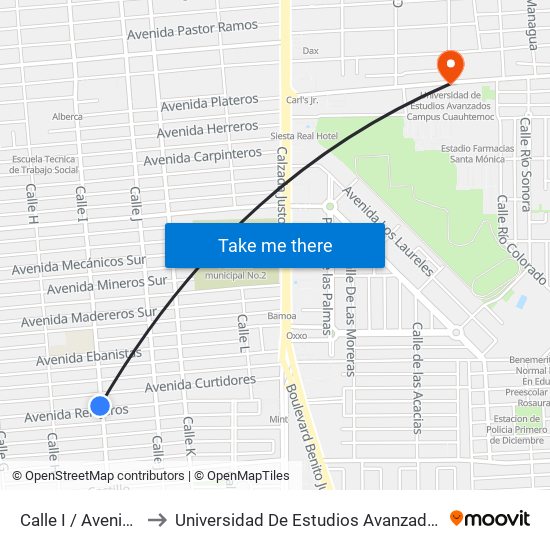 Calle I / Avenida Relojeros to Universidad De Estudios Avanzados Campus Cuauhtemoc map