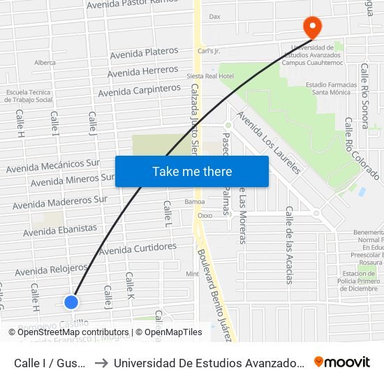 Calle I / Gustavo Otelo to Universidad De Estudios Avanzados Campus Cuauhtemoc map