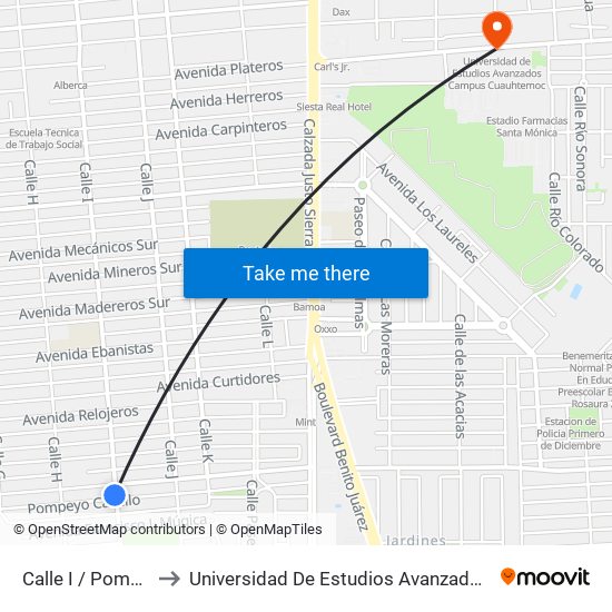 Calle I / Pomello Castillo to Universidad De Estudios Avanzados Campus Cuauhtemoc map