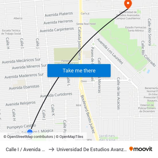 Calle I / Avenida Francisco Mujica to Universidad De Estudios Avanzados Campus Cuauhtemoc map