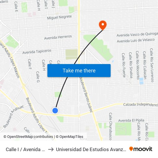 Calle I / Avenida Felipe Pescador to Universidad De Estudios Avanzados Campus Cuauhtemoc map