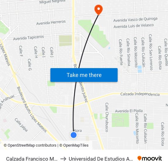 Calzada Francisco Montejano / Martha Weich to Universidad De Estudios Avanzados Campus Cuauhtemoc map