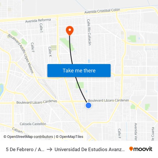5 De Febrero / Avenida Torreón to Universidad De Estudios Avanzados Campus Cuauhtemoc map