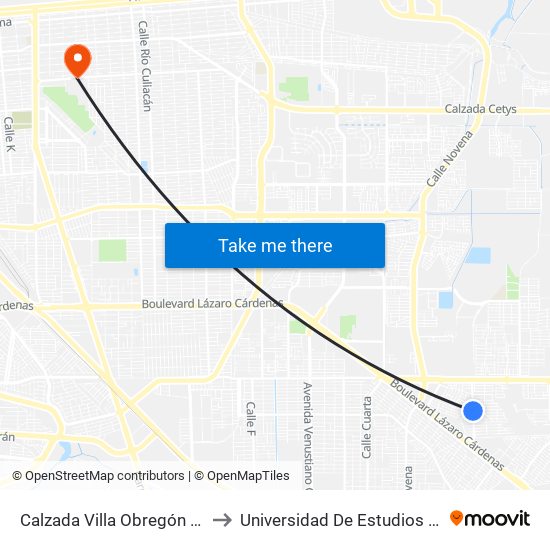 Calzada Villa Obregón / Villa De Moctezuma Poniente to Universidad De Estudios Avanzados Campus Cuauhtemoc map