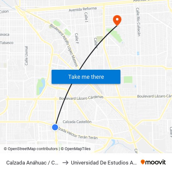 Calzada Anáhuac / Calzada Héctor Terán Terán to Universidad De Estudios Avanzados Campus Cuauhtemoc map