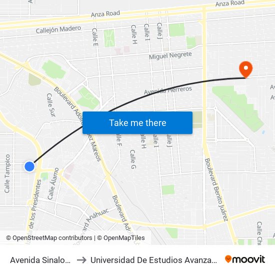 Avenida Sinaloa / Monterrey to Universidad De Estudios Avanzados Campus Cuauhtemoc map