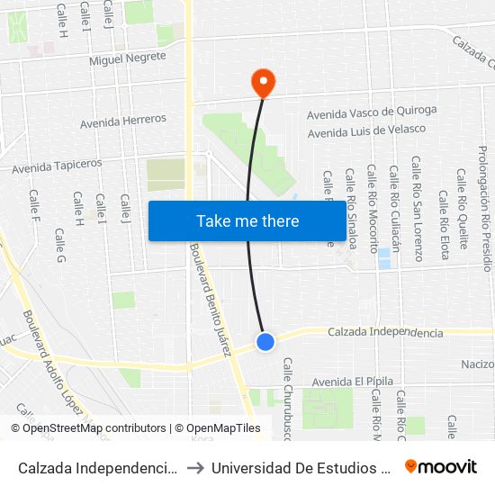 Calzada Independencia / María Rodríguez Del Toro to Universidad De Estudios Avanzados Campus Cuauhtemoc map