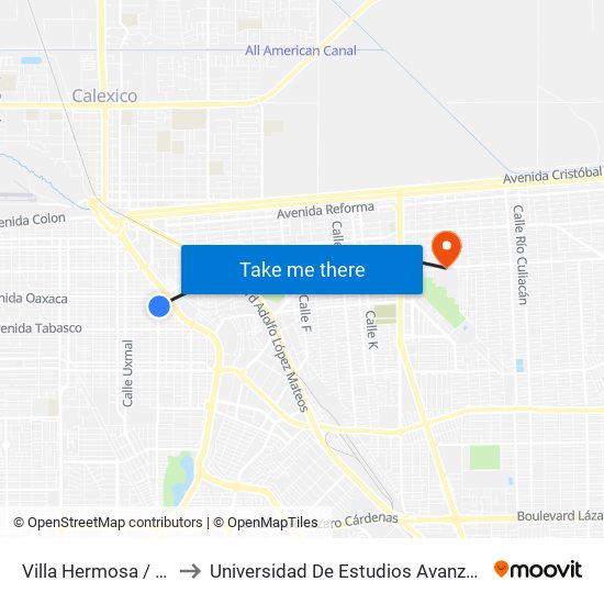 Villa Hermosa / Avenida Puebla to Universidad De Estudios Avanzados Campus Cuauhtemoc map