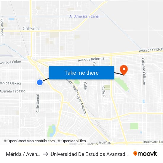 Mérida / Avenida Oaxaca to Universidad De Estudios Avanzados Campus Cuauhtemoc map