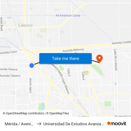 Mérida / Avenida Michoacán to Universidad De Estudios Avanzados Campus Cuauhtemoc map