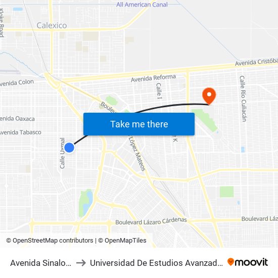 Avenida Sinaloa / Progreso to Universidad De Estudios Avanzados Campus Cuauhtemoc map