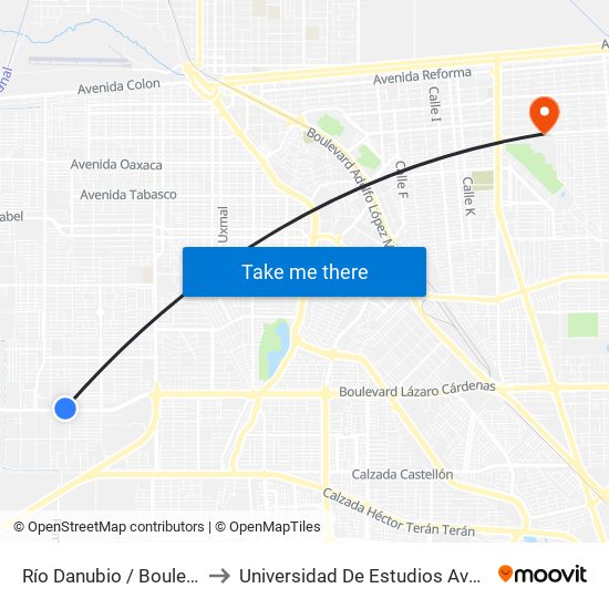 Río Danubio / Boulevard Lázaro Cárdenas to Universidad De Estudios Avanzados Campus Cuauhtemoc map