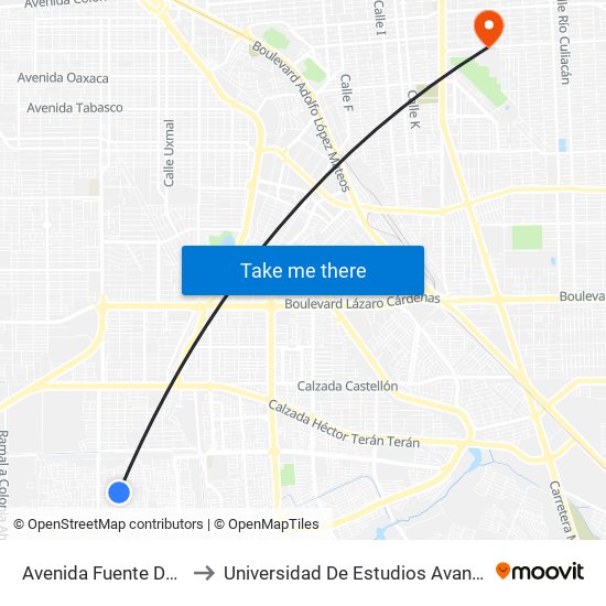 Avenida Fuente De Etiopía / Justicia to Universidad De Estudios Avanzados Campus Cuauhtemoc map