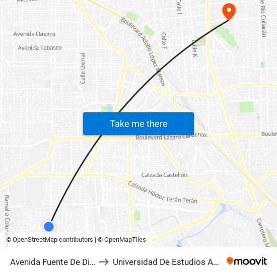 Avenida Fuente De Diana / Fuente De Medusa to Universidad De Estudios Avanzados Campus Cuauhtemoc map