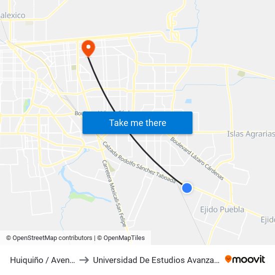 Huiquiño / Avenida Acamayas to Universidad De Estudios Avanzados Campus Cuauhtemoc map