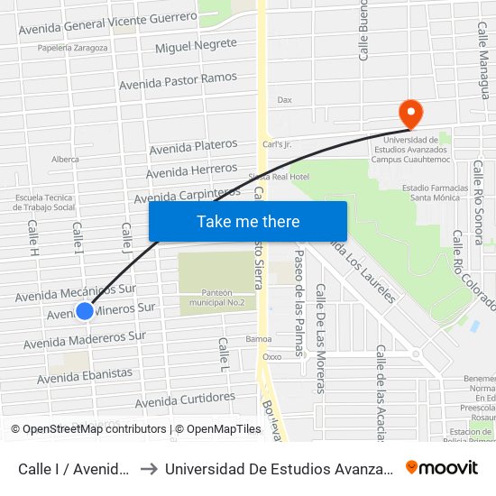 Calle I / Avenida Mineros Sur to Universidad De Estudios Avanzados Campus Cuauhtemoc map