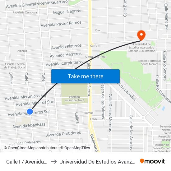 Calle I / Avenida Madereros Sur to Universidad De Estudios Avanzados Campus Cuauhtemoc map