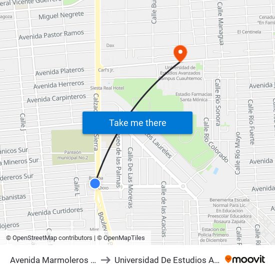 Avenida Marmoleros Sur / Calzada Justo Sierra to Universidad De Estudios Avanzados Campus Cuauhtemoc map