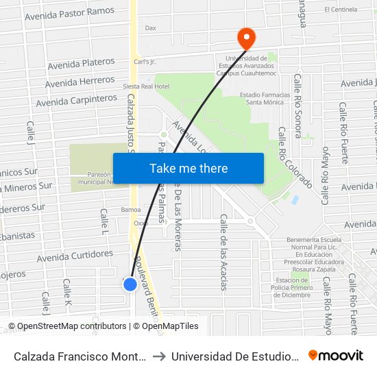Calzada Francisco Montejano / Avenida José Sánchez Islas to Universidad De Estudios Avanzados Campus Cuauhtemoc map