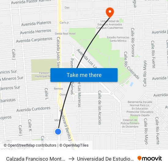 Calzada Francisco Montejano / Avenida Jorge López Colada to Universidad De Estudios Avanzados Campus Cuauhtemoc map