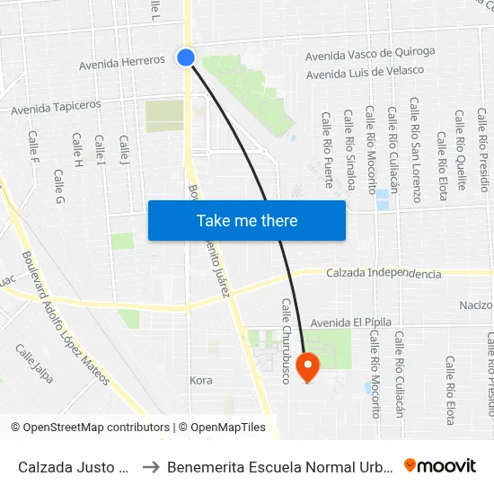 Calzada Justo Sierra, 950_1 to Benemerita Escuela Normal Urbana Federal Fronteriza map