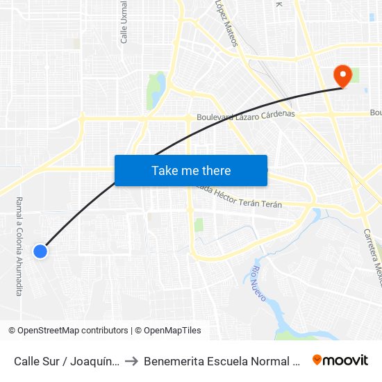 Calle Sur / Joaquín Ramírez Arballo to Benemerita Escuela Normal Urbana Federal Fronteriza map