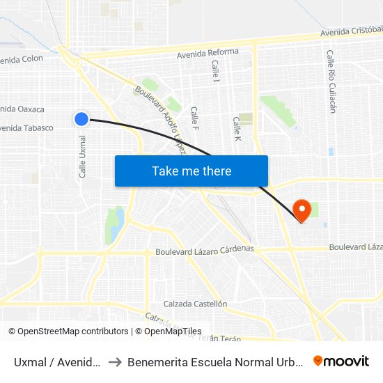 Uxmal / Avenida Querétaro to Benemerita Escuela Normal Urbana Federal Fronteriza map