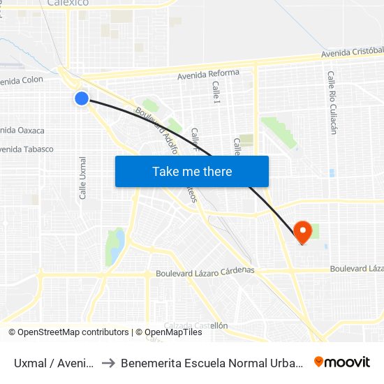 Uxmal / Avenida Colima to Benemerita Escuela Normal Urbana Federal Fronteriza map