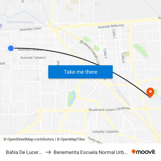 Bahía De Lucerna / Oaxaca to Benemerita Escuela Normal Urbana Federal Fronteriza map