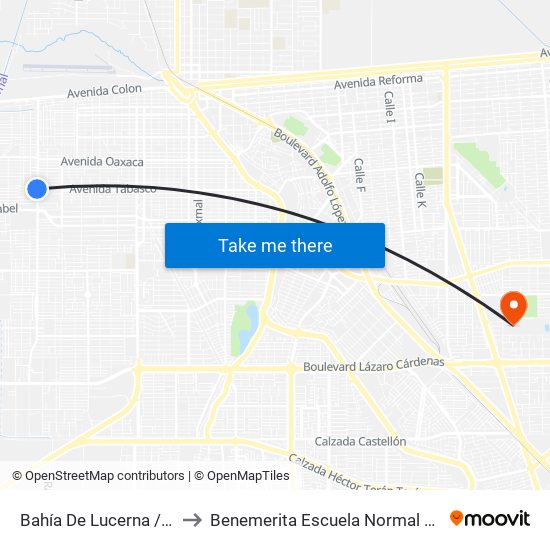 Bahía De Lucerna / Avenida Tabasco to Benemerita Escuela Normal Urbana Federal Fronteriza map