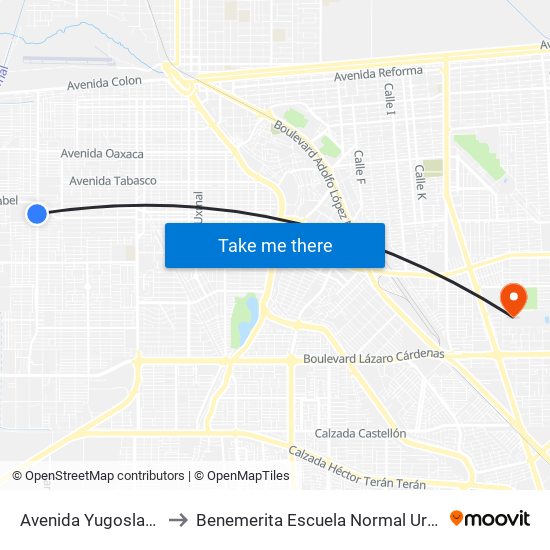 Avenida Yugoslavia / Identidad to Benemerita Escuela Normal Urbana Federal Fronteriza map